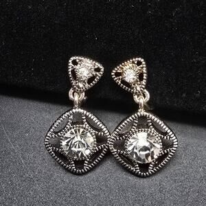 Rhinestone Dangle Clip On Earrings Silver Tone Signed NWH